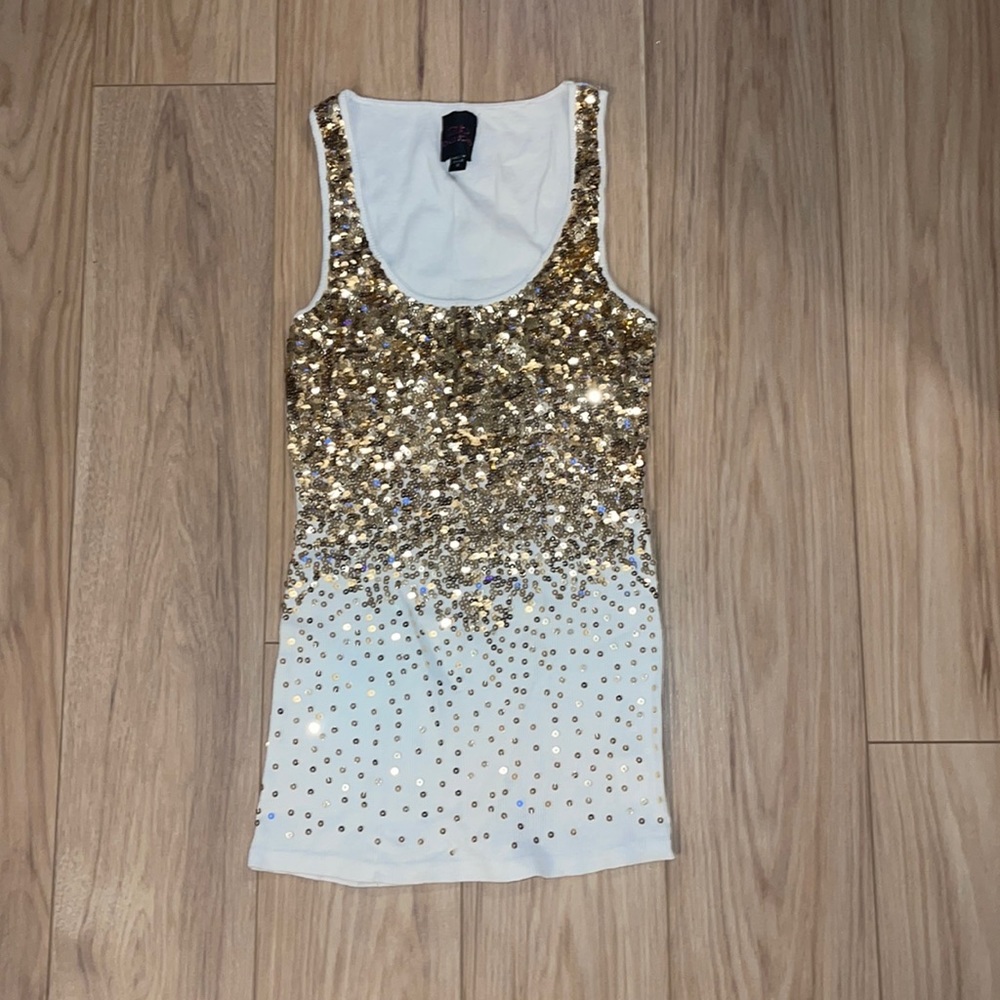 2B Bebe Cream Tank with Gold Sequin Embellishments